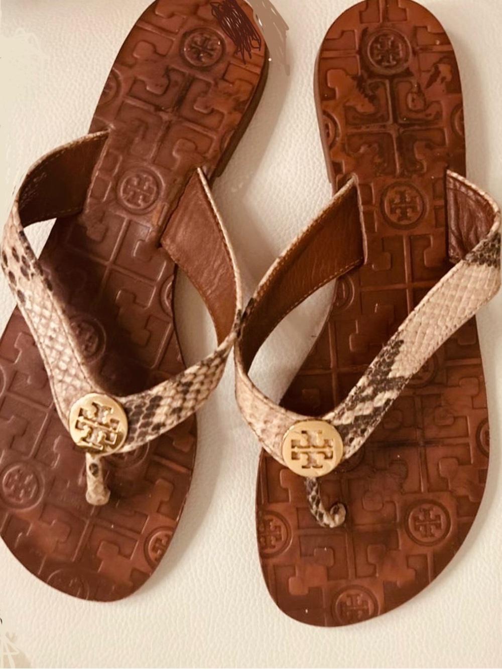 Tory Burch Brown Snake-Print Thong Sandals with Gold Medallions